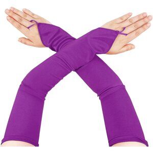 Women's Purple Long Satin Finger Loop Fabric Gloves Opera Party Prom Costume